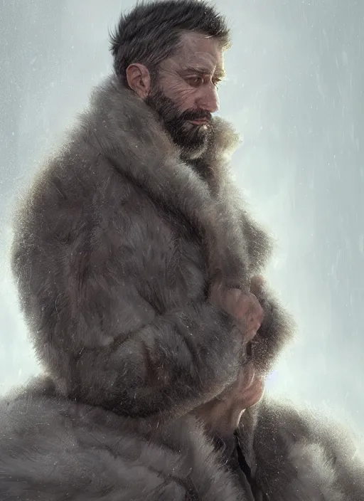 Image similar to portrait of a rugged man wearing a fur coat, highly detailed, fantasy, godrays, cinematic lighting, close up, volumetric, realistic, digital art by greg rutkowski