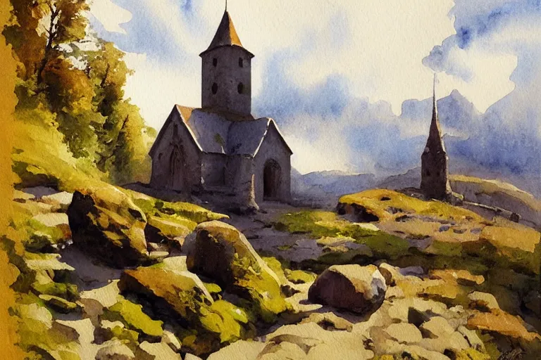 Prompt: small centered on watercolor paper, paint brush strokes, abstract watercolor painting of traditional scandinavian stone church with small tower, rough rock, medieval chapel at dawn, cinematic light, national romanticism by hans dahl, by jesper ejsing, by anders zorn, by greg rutkowski, by greg manchess, by tyler edlin