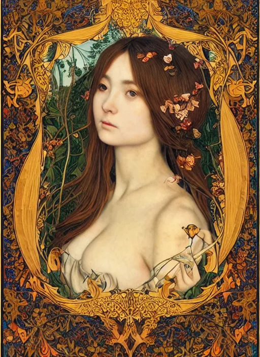 Image similar to masterpiece beautiful seductive flowing curves preraphaelite face portrait photography, extreme close up shot, straight bangs, thick set features, yellow ochre ornate medieval dress, miho hirano, amongst foliage mushroom forest circle arch, william morris and kilian eng and mucha, framed, 4 k