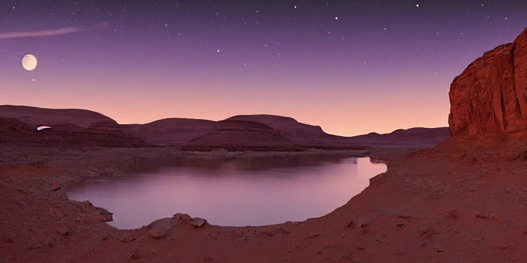 Image similar to a ground - level view of a river bend running through a canyon surrounded by desert mountains at sunset on mars, purple sky, two moons, planet mars, moab, utah, a tilt shift photo by frederic church, trending on unsplash, hudson river school, photo taken with provia, national geographic photo