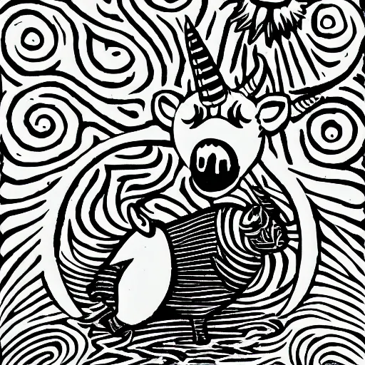 Image similar to black and white flying pig with unicorn horn and white wings woodcut