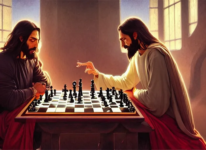 Prompt: highly detailed painting of Lucifer and Jesus playing chess together, 4k highly detailed, digital painting, artstation, concept art, matte, sharp focus, illustration, art by Artgerm and Greg Rutkowski and Alphonse Mucha, masterpiece, vivid vibrant deep colors