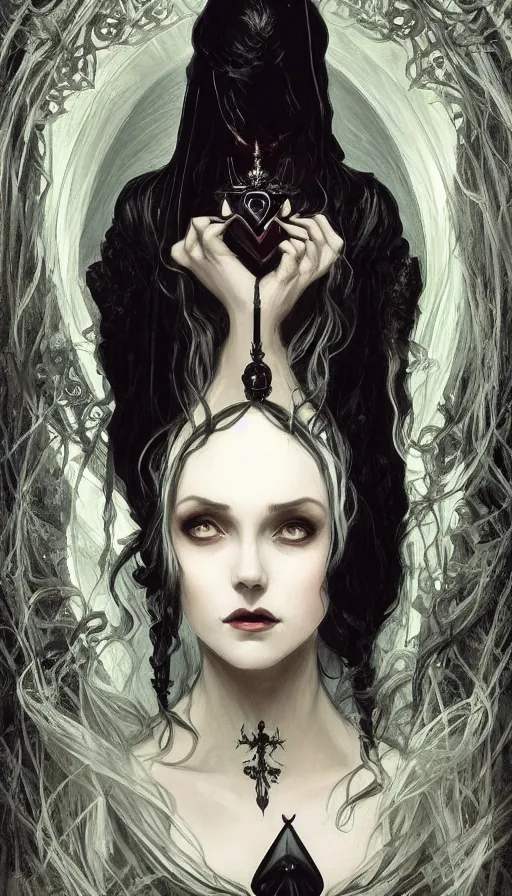 Image similar to playing card of elegant gothic woman, dark and ethereal, expressive pose, peaceful expression, dark gothic dress, fantasy, intricate, dark forest background, highly detailed, digital painting, artstation, concept art, smooth, sharp focus, illustration, art by artgerm and greg rutkowski and alphonse mucha