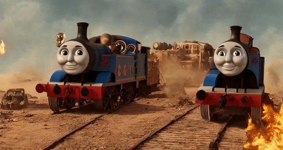 Prompt: Thomas the Tank Engine in the fiery Wasteland of MAD MAX: FURY ROAD