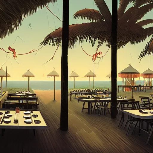 Image similar to inside restaurant at the beach with palm trees by simon stalenhag