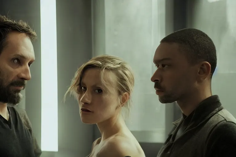 Prompt: movie closeup polar opposites, couple, researchers in a futuristic weapons lab, beautiful skin, Symmetrical faces. Beautiful lighting by Emmanuel Lubezki