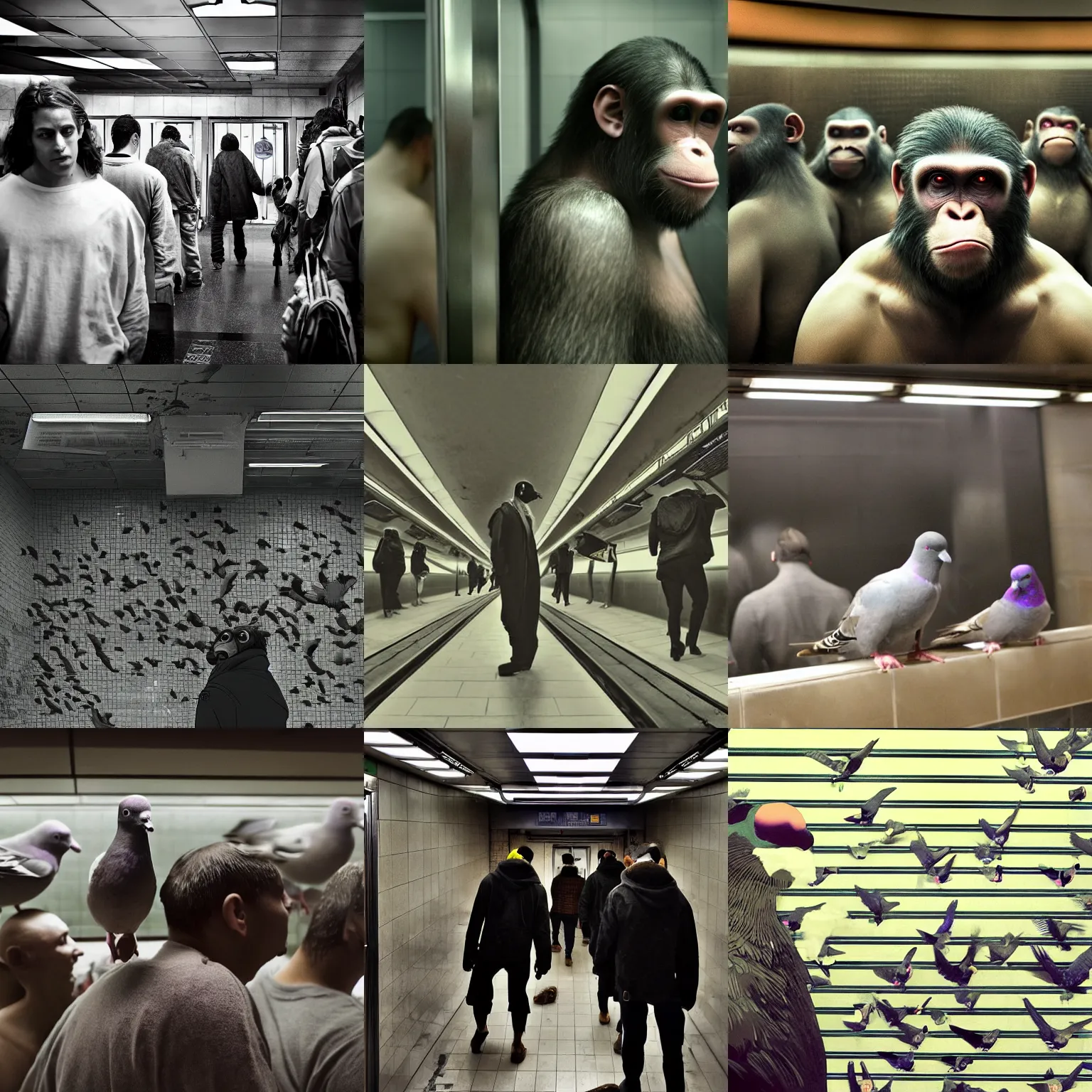 Prompt: I stepped into the subway bathroom and peered around the room, beholding no less than an expansive heavenly society of pigeons above and a dark cyberpunk metropolis of mice below. Seeing these paragons of their virtues untainted by the apes above- I decided to move on.