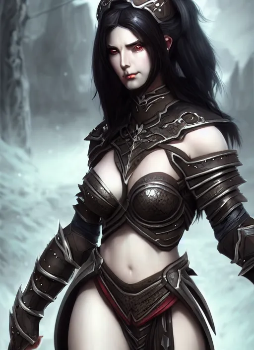 Image similar to full plate armor!!! beautiful and elegant dark hair female orc!! gorgeous ayes!! character concept art, sharp focus, octane render! unreal engine 5! highly rendered!! trending on artstation!! detailed linework!! illustration by artgerm, wlop, and chie yoshii