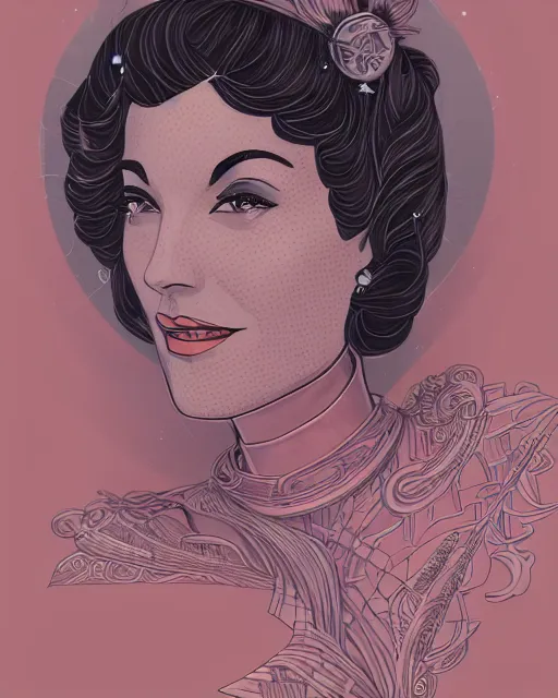 Image similar to portrait of a smiling woman, art deco style, beautiful, elegant, mesmerizing, concept art, fancy clothing, highly detailed, smooth, fantastical, cinematic, intricate linework, artstation, trending, behance, deviantart, sana takeda