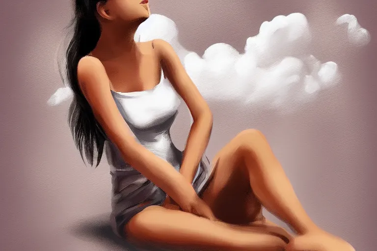 Image similar to a cute beautiful girl sitting on a cloud relaxing, digital painting, portrait