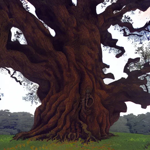 Image similar to a huge ancient oak in the style of studio ghibli