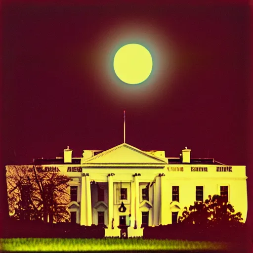 Image similar to “A UFO above the White House, dreamcore aesthetic, taken with a Pentax K1000, Expired Burned Film from 1930s, Softbox Lighting, 85mm Lens”