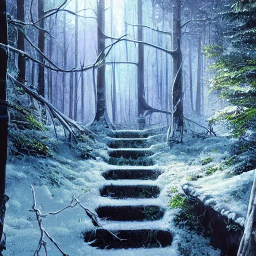 Image similar to stairs leading to a frozen derelict portal in a middle of a snowy lush futuristic forest, green lush world seen only through a portal, daylight, cinematic lighting, blue sky, syd mead, john harris