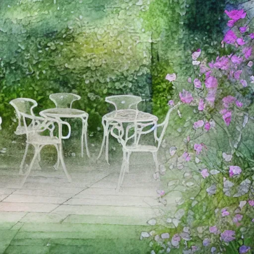 Image similar to out of focus, delicate, chairs, garden, paved, botanic watercolors, iridescent, 8 k, realistic shaded, fine details, artstation, italian, iron gate, tree, mediterranean