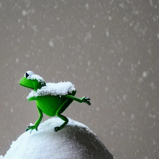 Image similar to Kermit the frog sits as it snows in the interior of a bourgeoise room, Still life with snow.