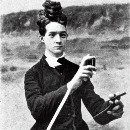 Image similar to selfie taken in 1 8 8 0 with a selfie stick