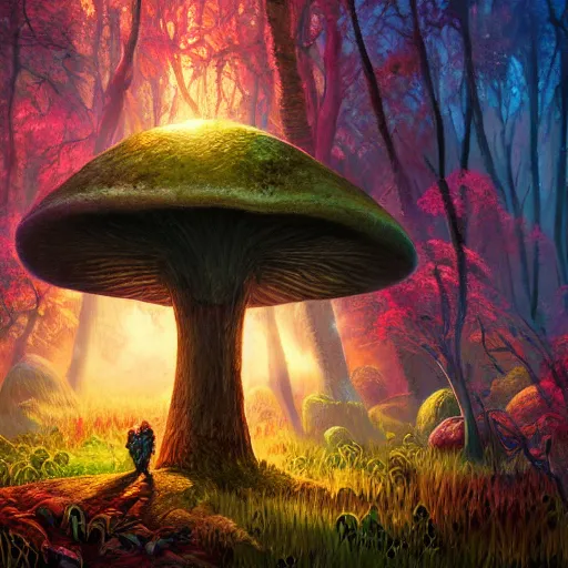 Image similar to bright, colorful, realistic, detailed from Elder Scrolls: shivering isles concept art mushroom forest backlighting, kodachrome, high contrast, highly detailed, sharp focus, digital painting, concept art, illustration, trending on artstation, comic book by Alex Ross and Adam Adamowicz cover art