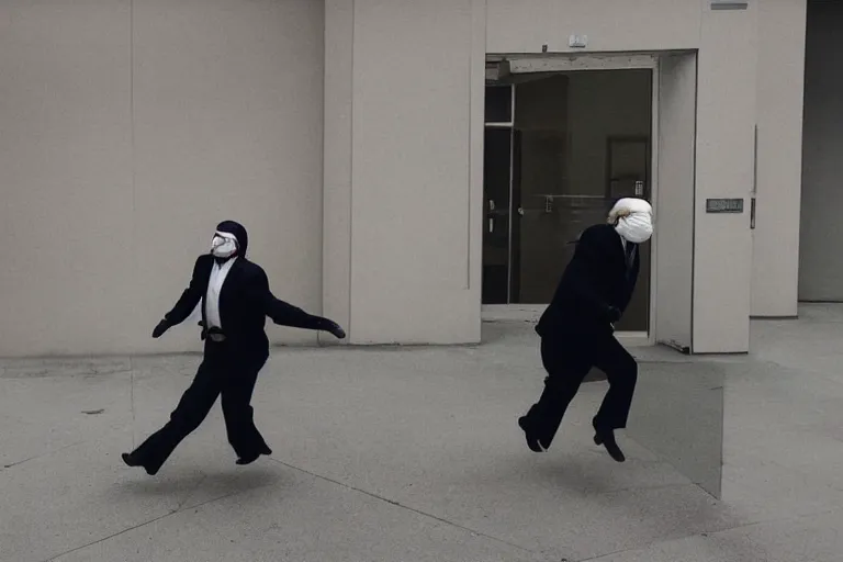 Image similar to dramatic cinematic bank robbers running out of white bank wearing trump masks by Emmanuel Lubezki