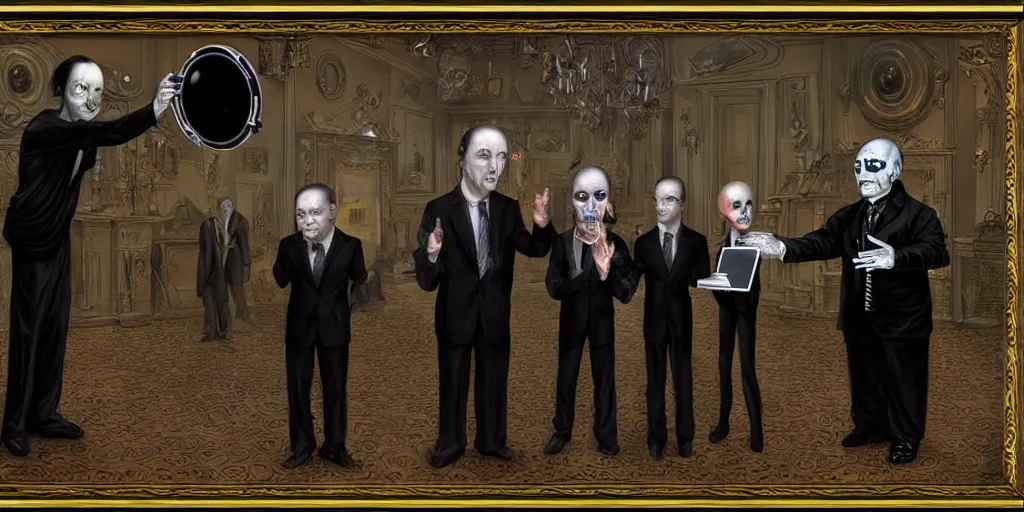 Prompt: aliens in black handing over artifacts and technology to a politician, inspired by mark ryden, concept art, digital art