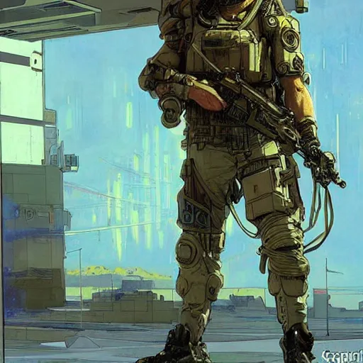 Prompt: Hector. USN special forces recon operator in futuristic gear, cyberpunk headset, laser guidance, on patrol in the Australian neutral zone, deserted city landscape. 2087. Concept art by James Gurney and Alphonso Mucha