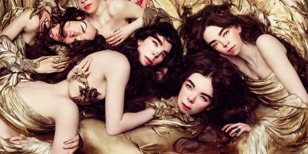 Image similar to stunning photo of dark - haired goddesses vanessa kirby, hailee steinfeld, and bjork smiling, laying back on pillows, with wet faces, wet lips, perfect eyes, insanely detailed, elegant, by mucha, wlop, rutkowski, livia prima