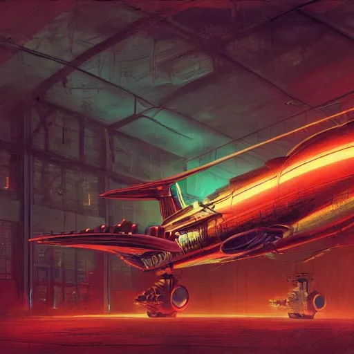 Image similar to concept art, retro - futurist steampunk pilot, airship hangar, imperious, octane render, artstation, dramatic neon lighting, glowing imperial motifs, eerie, mysterious, red turquoise accents, bladerunner, by gerald brom, james jean, syd mead, akihiko yoshida, cinematic w 1 0 2 4