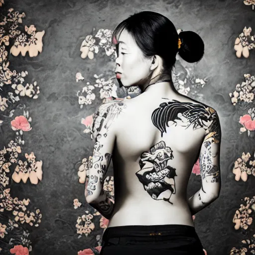 Image similar to photography of the back of a woman with a black detailed irezumi tatto representing a big gold tiger with pink flowers on her entire back, dark hangar background, mid-shot, editorial photography