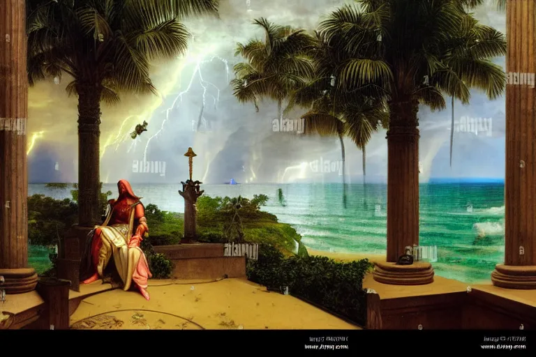 Prompt: Knight on front of balustrade and palace columns, refracted lightnings on the ocean, thunderstorm, tarot cards characters, beach and Tropical vegetation on the background major arcana sky and occult symbols, by paul delaroche, hyperrealistic 4k uhd, award-winning, very detailed paradise