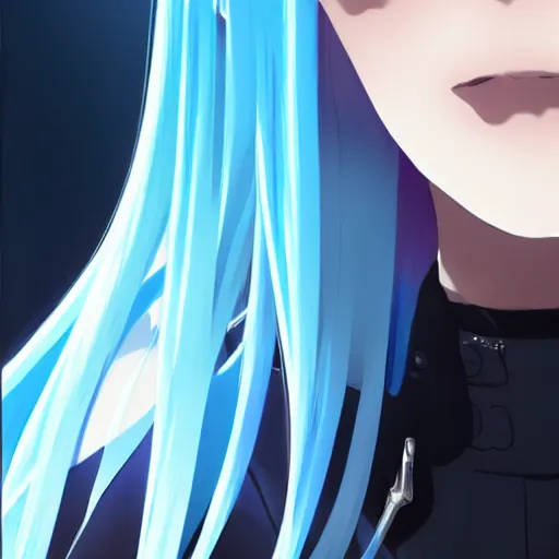 Image similar to full shot of rimuru tempest, sky blue straight hair, long bangs, with amber eyes, wearing a fancy black jacket, high collar, ultra detailed, brush strokes, digital painting, cinematic, wlop artstation, closeup, pixiv, intense, intimidating glare, photorealistic, overpowering, makoto shinkai, rossdraws, andy warhol,