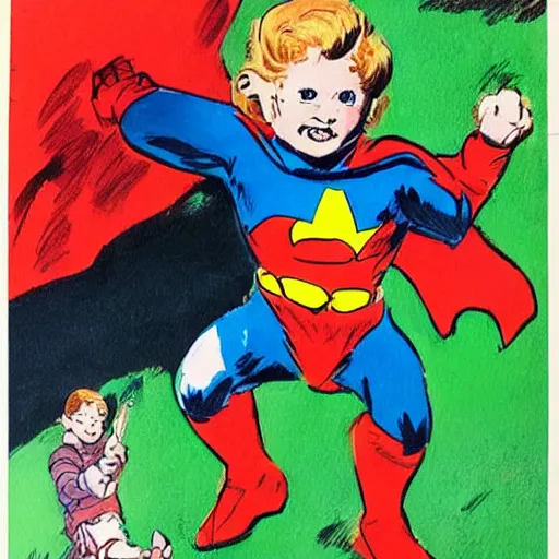 Image similar to a cute little boy with a mischievous face and ginger hair. he is dressed as a superhero. well composed, clean elegant painting, beautiful detailed face. comic book art by steve ditko and jack kirby