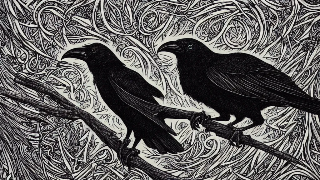 Prompt: highly detailed illustration of a crow by aaron horkey