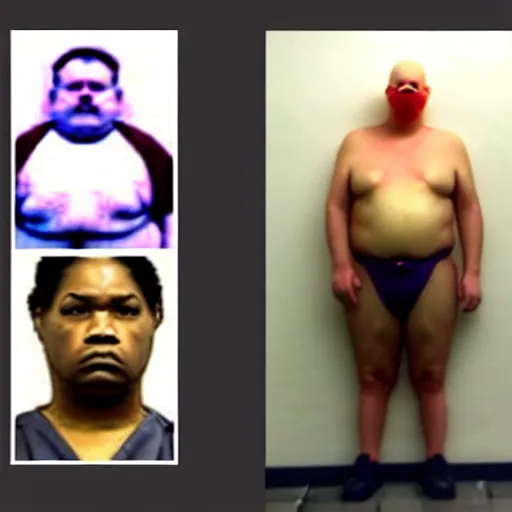 Image similar to inmate body with chicken face, mugshot in a police station