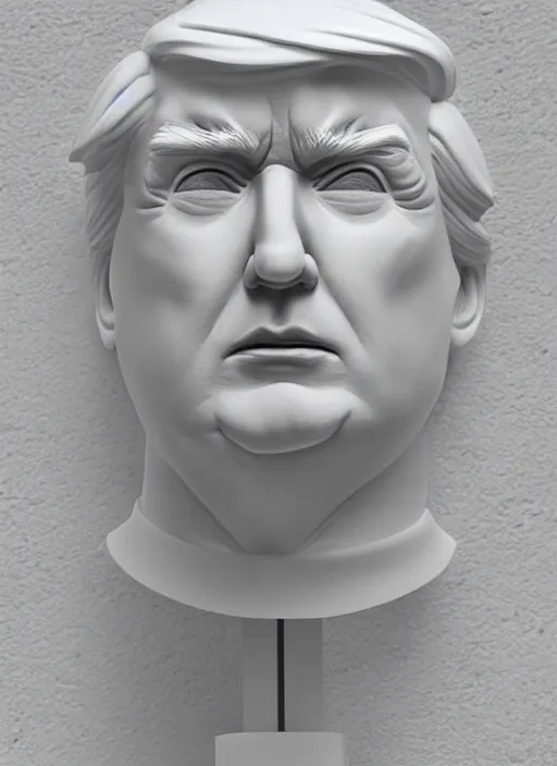 Prompt: an orthographic bust white marble sculpture of donald trump, by Wes Anderson