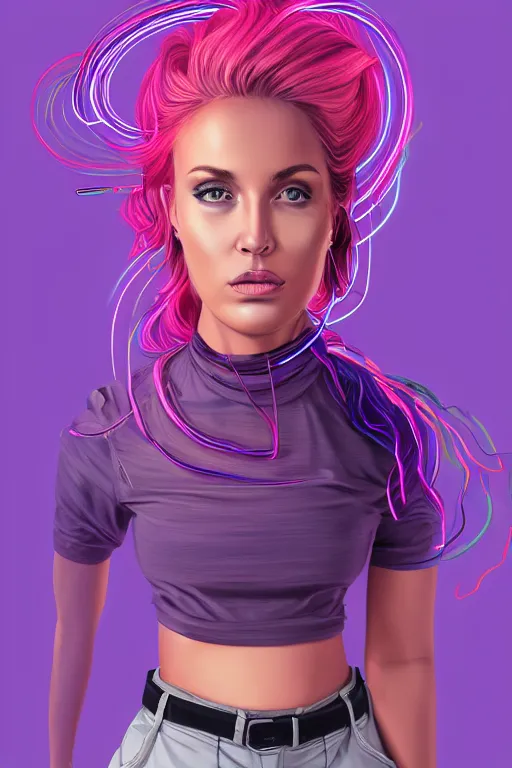 Image similar to a award winning half body portrait of a beautiful woman in a croptop and cargo pants with ombre purple pink teal hairstyle and hands in pockets by ari liloan, surrounded by whirling illuminated lines, outrun, vaporware, shaded flat illustration, digital art, trending on artstation, highly detailed, fine detail, intricate