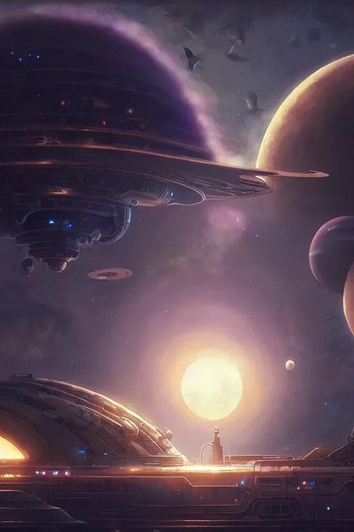 Image similar to steampunk spaceship infront of a planet, exquisite details, denoised, mid view, by karl kopinski, artsation, greg rutkowski, makoto shinkai, takashi takeuchi, studio ghibli