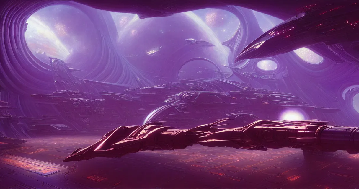 Prompt: a eldar aeldari spaceship interior, elegant, impressive scale, hellish purple energy engines, cherenkov radiation, tim hildebrandt, wayne barlowe, bruce pennington, donato giancola, trending on artstation, cinematic composition, beautiful lighting, hyper detailed, 8 k, oil on canvas