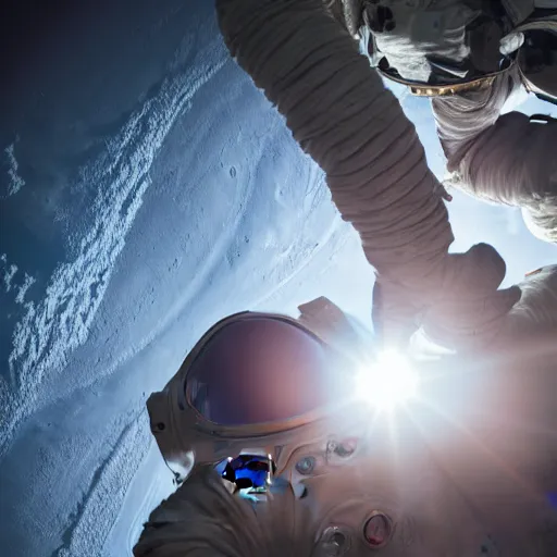 Image similar to photograph of an astronaut in space, singular light source from below, earth only visible below, darkness above, full body photo, amazing light and shadow contrast, 8 k