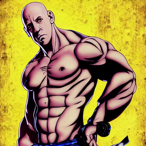 Prompt: Digital painting of Vin Diesel wearing strange clothes walking like a Italian model in JoJo\'s Bizzare Adventure anime style, official media from JoJo\'s Bizzare Adventure, highly detailed, sharp focus, screentone shading, sligthly hard shadows, 1990 manga panel, trending on ArtStation, manga cover art by Hirohiko Araki