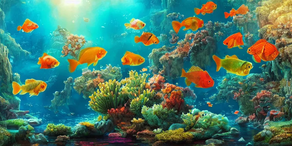 Prompt: beautiful underwater scene. an ancient ship sunk in the abyssvery shiny water. colorful fish. seahorse. goldfish. coral, water flowers. beautiful lighting, 4 k post - processing, highly detailed, 5 k extremely detailed, 3 d. sun is highlighting the bubbles. render in octane and cryengine. painterly detailed matte painting, by albert bierstadt