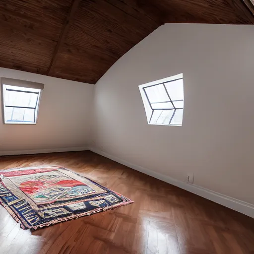 Image similar to 1.7 metre high attic, with matte white angled ceiling, with 2 windows opposing each other, with a large square window in the back right corner of the room, with exquisite turkish and persian rugs on the polished plywood floor, XF IQ4, 150MP, 50mm, F1.4, ISO 200, 1/160s, natural light