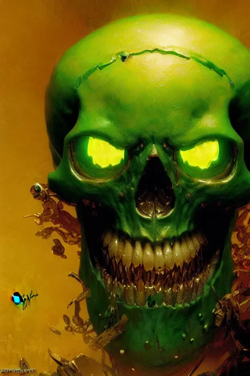 Image similar to close up of the face of a glowing green skull eating beans and laughing extremely high detail portrait dnd, painting by gaston bussiere, craig mullins, greg rutkowski, yoji shinkawa