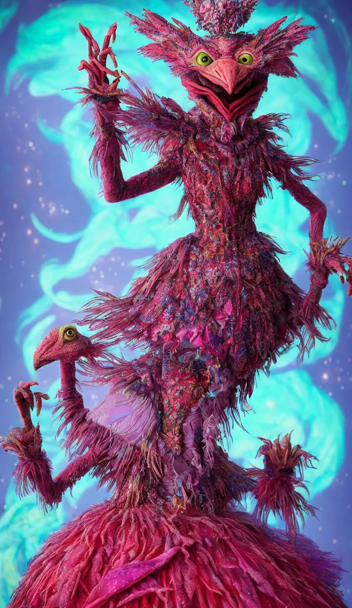 Image similar to hyper detailed 3d render like a Oil painting - kawaii portrait Aurora (a beautiful skeksis muppet fae queen from dark crystal that looks like Anya Taylor-Joy) seen red carpet photoshoot in UVIVF posing in scaly dress to Eat of the Strangling network of yellowcake aerochrome and milky Fruit and His delicate Hands hold of gossamer polyp blossoms bring iridescent fungal flowers whose spores black the foolish stars by Jacek Yerka, Ilya Kuvshinov, Mariusz Lewandowski, Houdini algorithmic generative render, Abstract brush strokes, Masterpiece, Edward Hopper and James Gilleard, Zdzislaw Beksinski, Mark Ryden, Wolfgang Lettl, hints of Yayoi Kasuma and Dr. Seuss and Juli Adams (SEATTLE), octane render, 8k