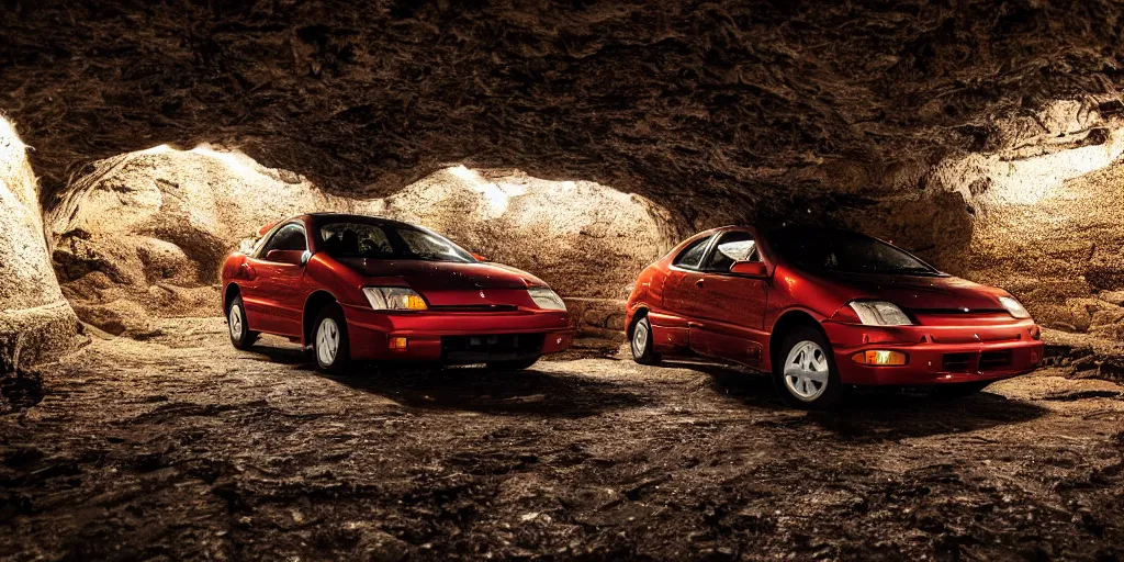 Prompt: a pontiac sunfire, in a dark cave, photography