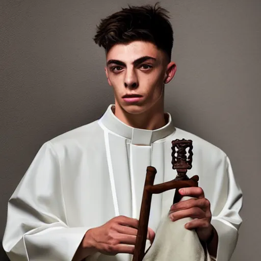 Image similar to attractive kai havertz wearing priest outfit holding intricate ivory candlestick. natural lighting by ruan jia, portrait. 8 k high definition