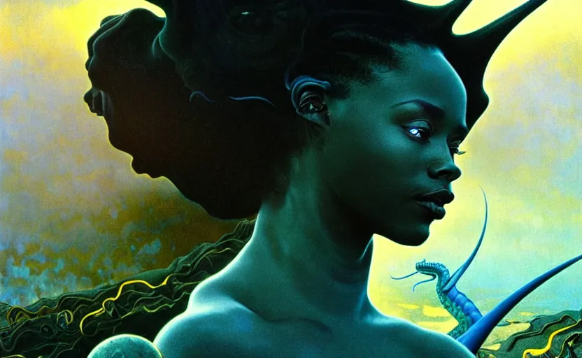 Prompt: realistic detailed photorealistic film close up portrait shot of a beautiful black woman, sci-fi landscape with a dragon on background by Denis Villeneuve, Amano, Yves Tanguy, Alphonse Mucha, Ernst Haeckel, Andrei Tarkovsky, Edward Robert Hughes, Roger Dean, rich moody colours, wide angle, blue eyes