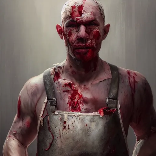 Image similar to portrait painting of a bloodied male butcher with with apron and cleaver, ultra realistic, concept art, intricate details, eerie, highly detailed, photorealistic, octane render, 8 k, unreal engine. art by artgerm and greg rutkowski and alphonse mucha