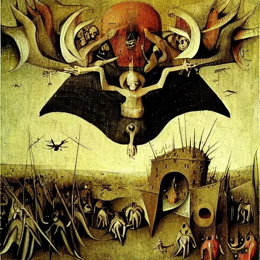 Image similar to vision of hell with winged demons flying over the flames art by hieronymus bosch