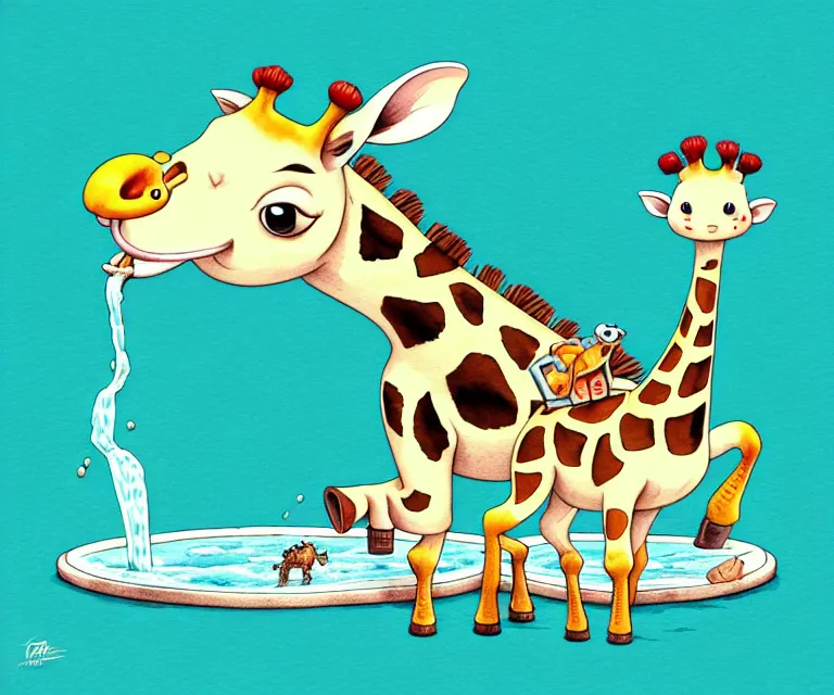 Image similar to cute and funny, baby giraffe drinking from a pond, ratfink style by ed roth, centered award winning watercolor pen illustration, isometric illustration by chihiro iwasaki, edited by range murata, tiny details by artgerm and watercolor girl, symmetrically isometrically centered