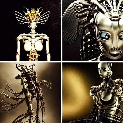 Image similar to still frame from Prometheus movie by Makoto Aida, biomechanical vespa angel gynoid, metal couture by neri oxmn by Guo pei by giger, editorial by Malczewski and by Caravaggio