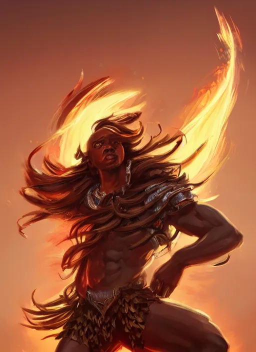 Prompt: a highly detailed illustration of attractive young african fire god with tall hair, heroic kicking pose, intricate, elegant, highly detailed, centered, digital painting, artstation, concept art, smooth, sharp focus, league of legends concept art, wlop